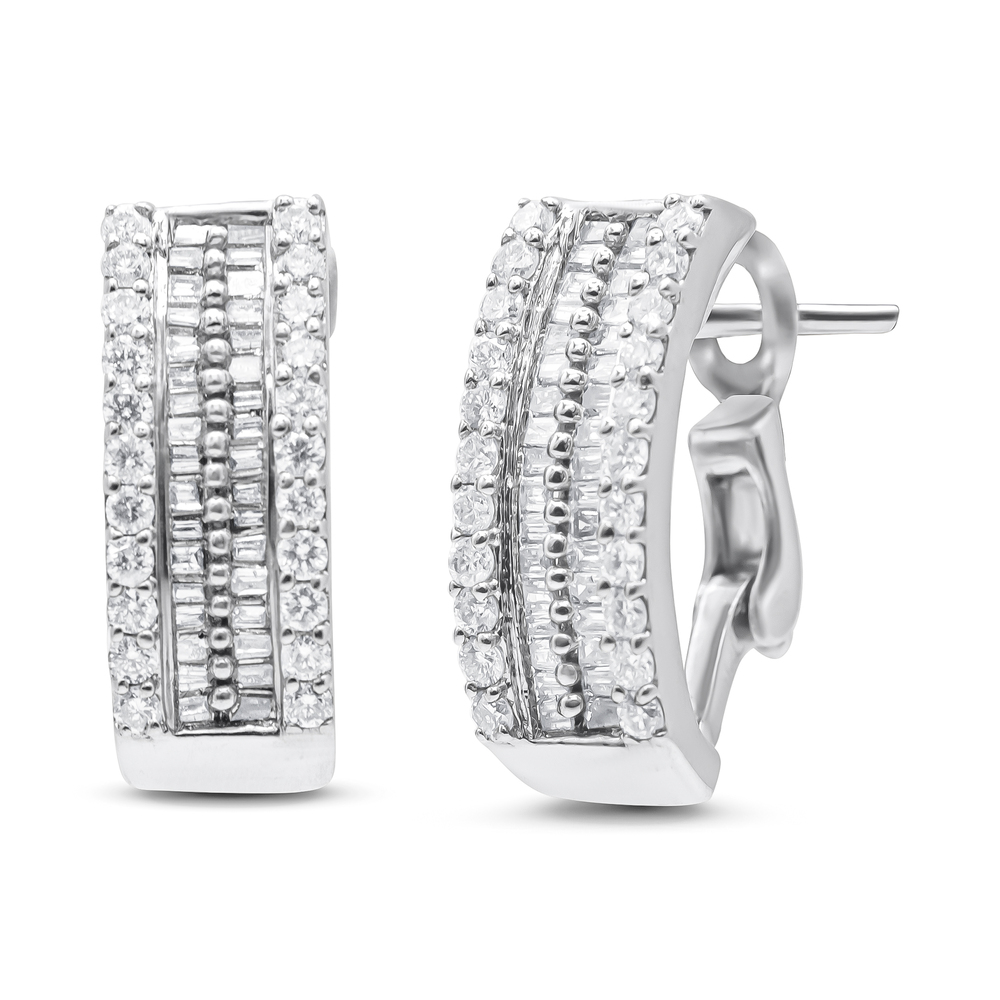 14K White Gold 1 1/2 cttw Round and Baguette Cut Diamond Earrings (H-I,